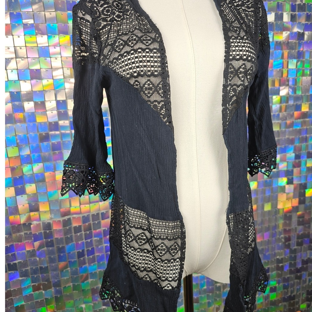 Moral Fiber Black Lace Trim Open Front Cardigan‎ Kimono Duster Women's Small - Picture 2 of 7